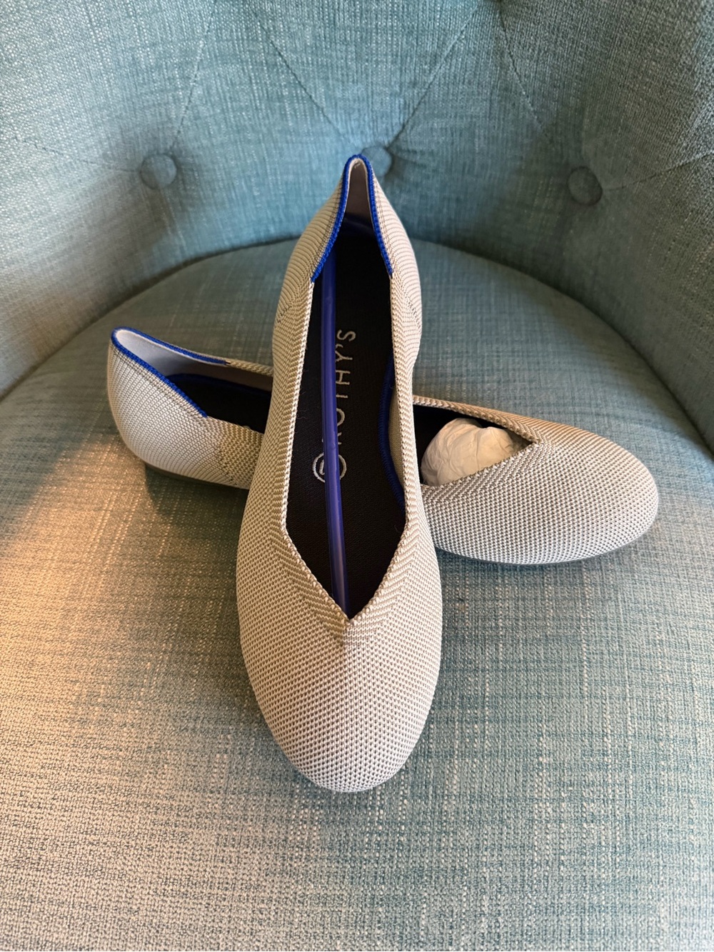Rothy's Beige Knit Flats with Blue Trim Accent